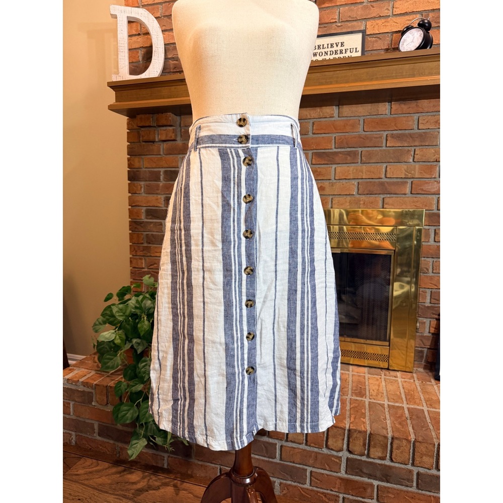 C&C California Midi Skirt Women Blue White Striped Button Front Linen M